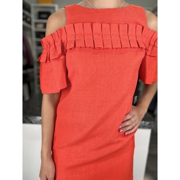NWT Badgley Mischka Orange Ruffle Shift Dress $440 - Picture 3 of 9